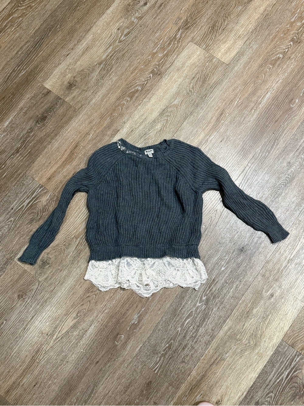 RAM Charcoal Grey Ribbed Knit Layered Lace Trim Sweater Girls Top XS 5/6